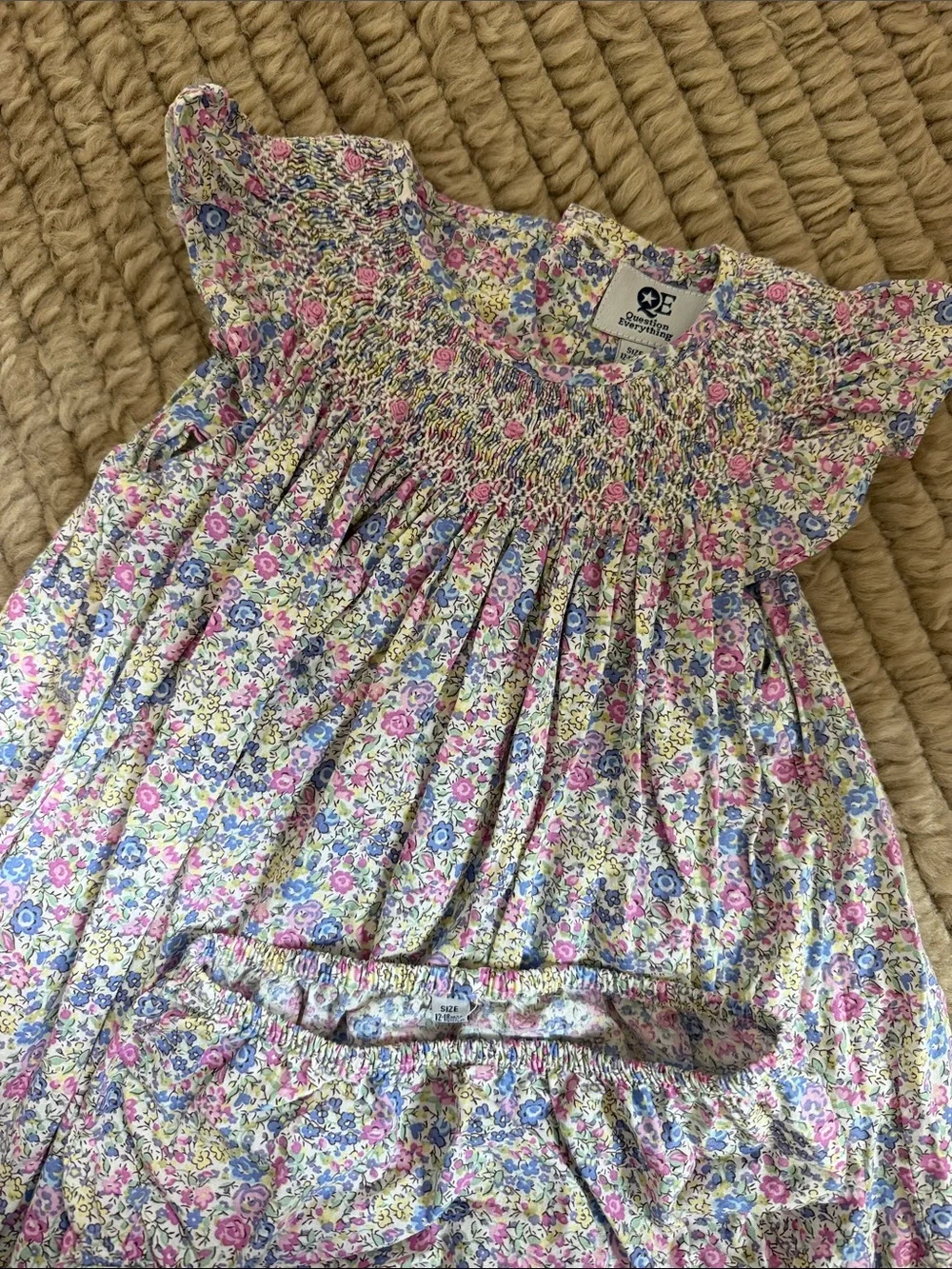 Blue & Pink Floral Smocked Girls' Formal Dress with Bloomers